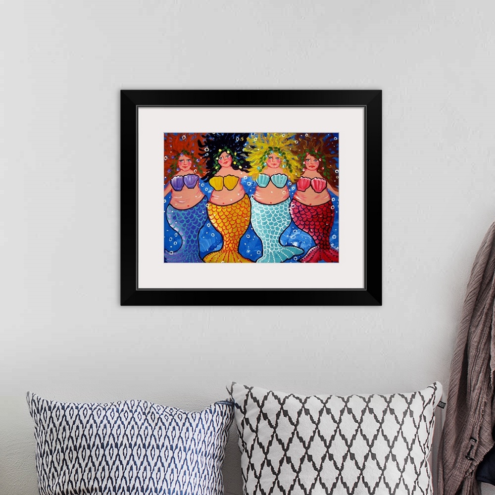 A bohemian room featuring Four chubby and colorful Mermaids