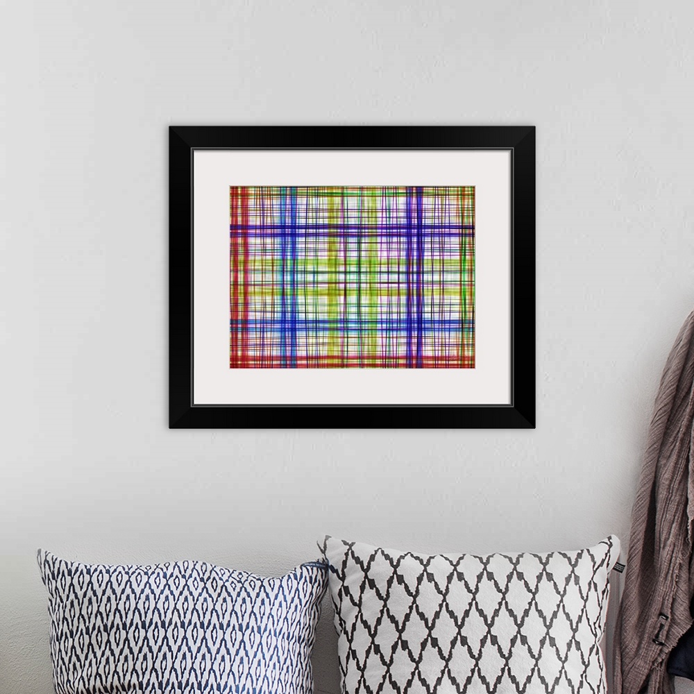 A bohemian room featuring Colorful lines in a cross hatching pattern making a grid design.