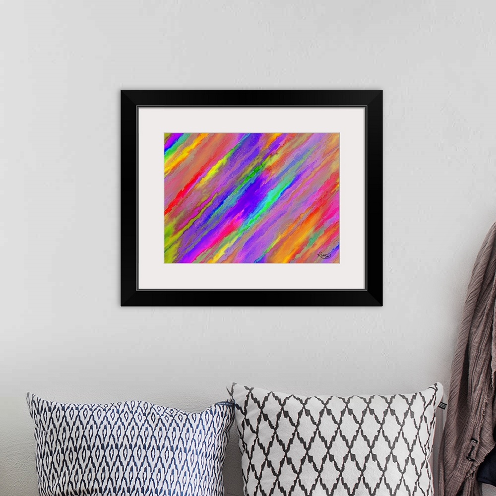 A bohemian room featuring Abstract art that has colorful diagonal lines filling up the canvas.