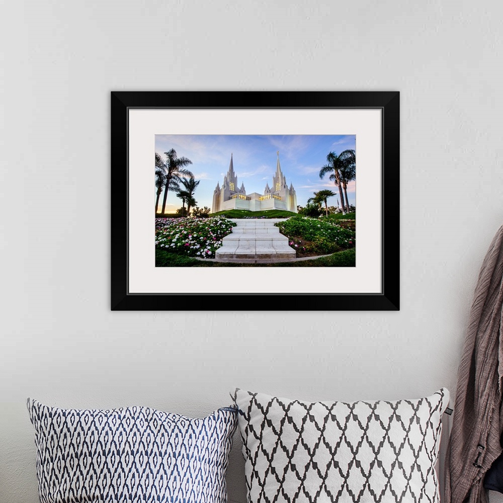 A bohemian room featuring The San Diego California Temple is made up of 72,000 square feet with an exterior of plaster with...