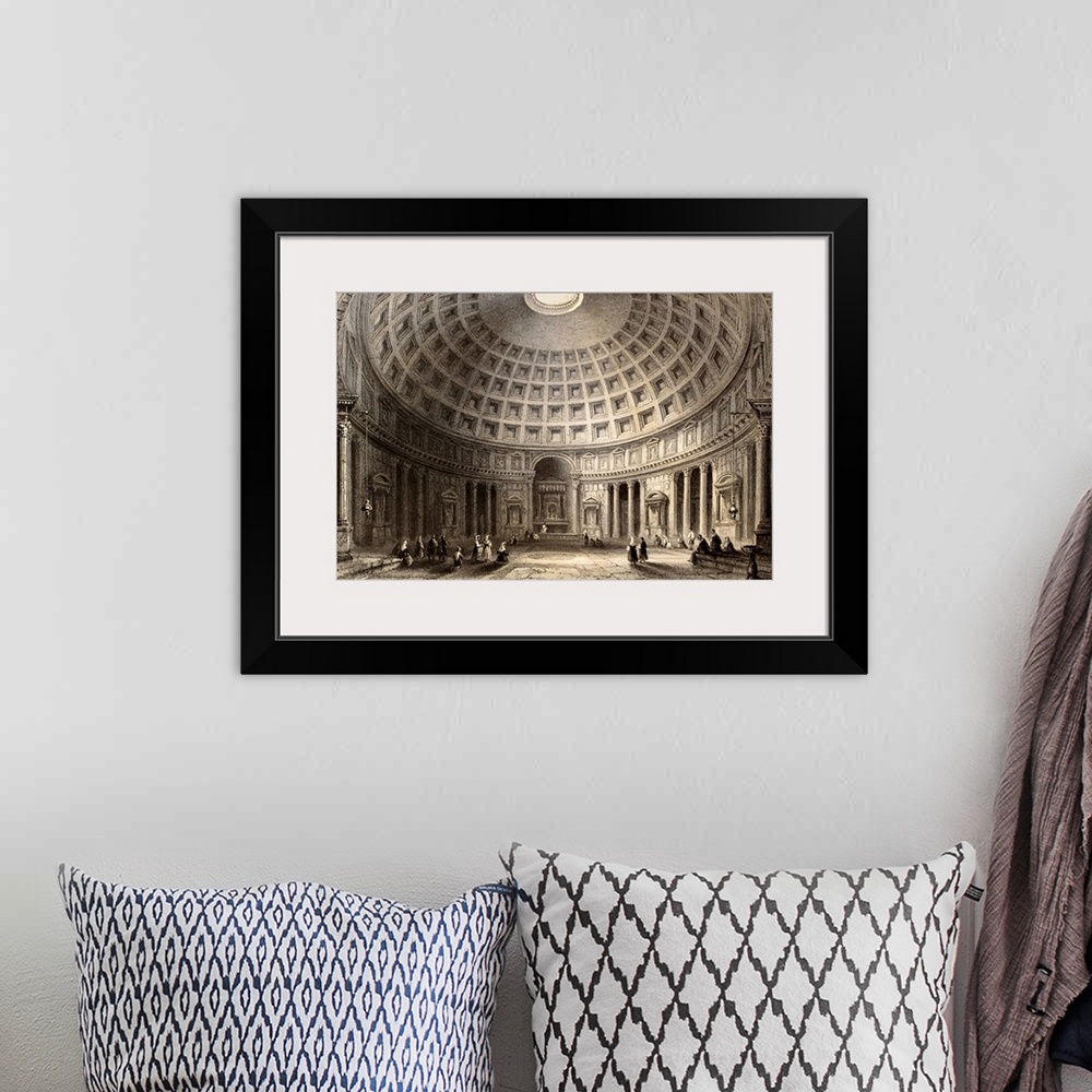 A bohemian room featuring Antique illustration of  Pantheon in Rome, Italy. Original, created by W. H. Bartlett and E. Challis