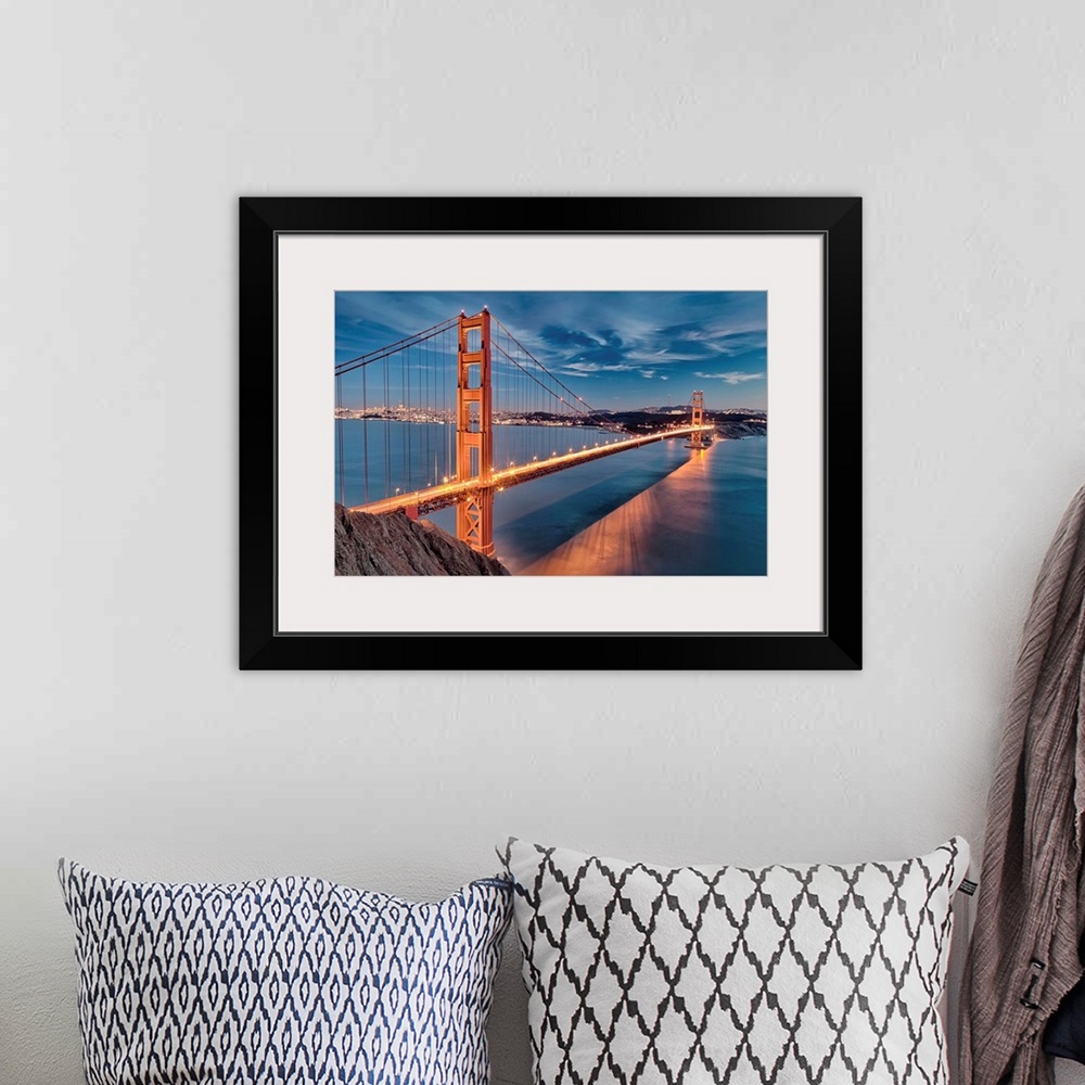 A bohemian room featuring The Golden Gate Bridge in San Francisco bay.
