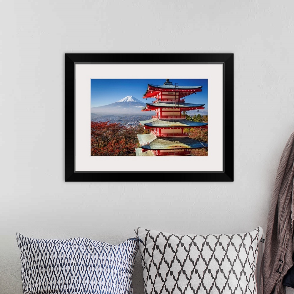 A bohemian room featuring Mt. Fuji and Pagoda during the fall in Japan.