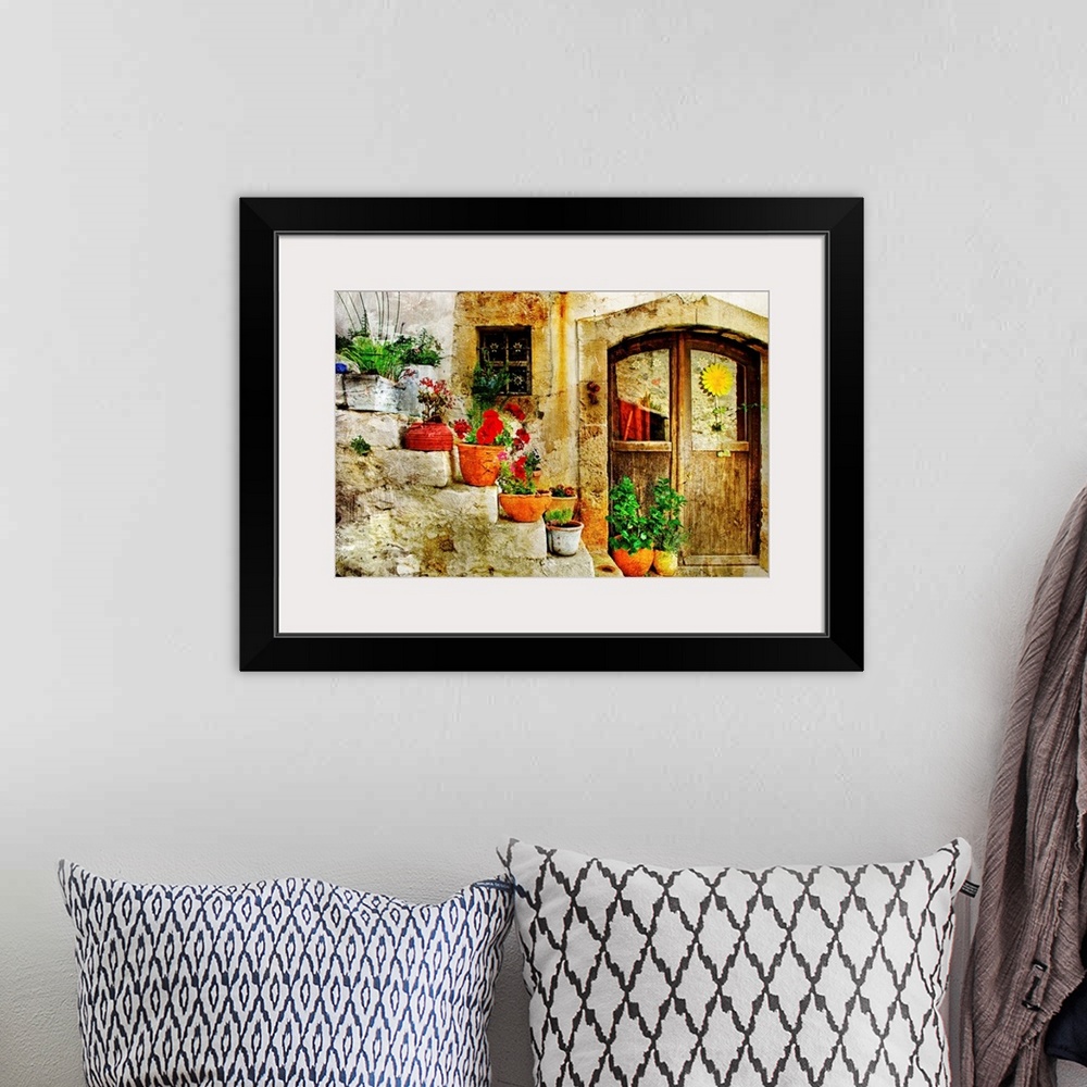 A bohemian room featuring pretty village greek style - artwork in retro style