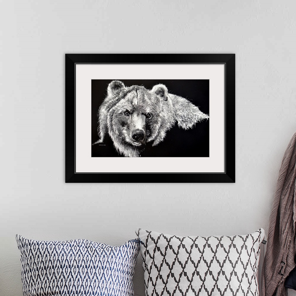 A bohemian room featuring A scratchboard of this huge Grizzly Bear reveals that he has just come out of the river by the ma...