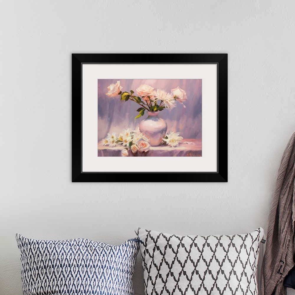 A bohemian room featuring Traditional impressionist still life painting of a country vase of flowers with a shabby chic air.