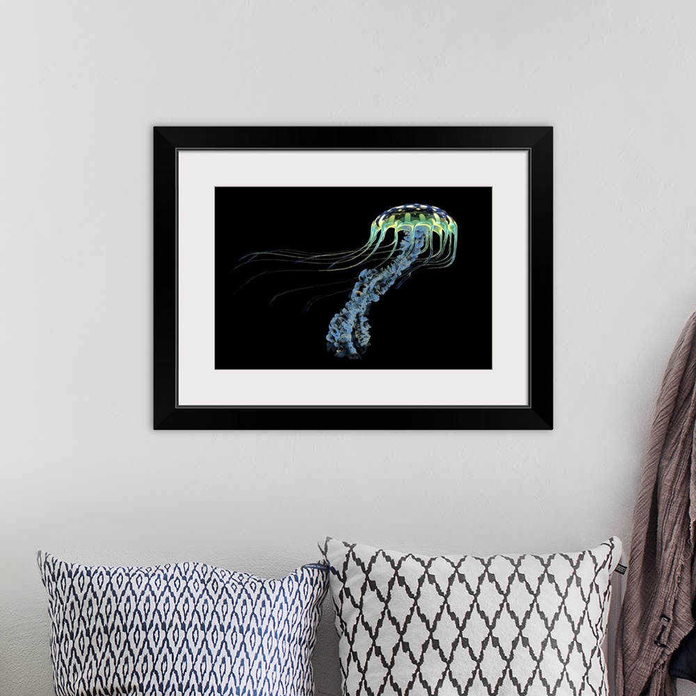 A bohemian room featuring An iridescent blue jellyfish with trailing stinging tentacles to subdue its prey.