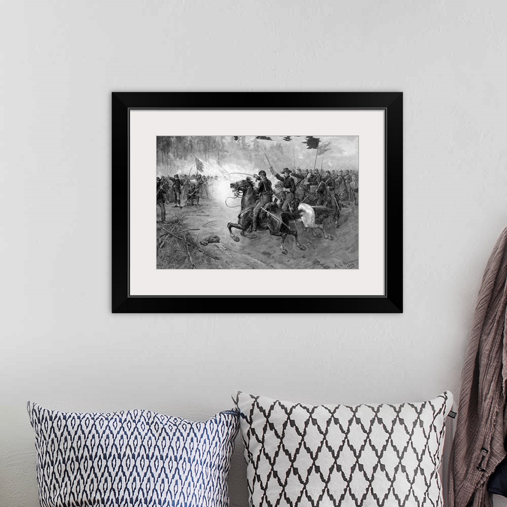 A bohemian room featuring Civil War print of Union cavalry soldiers charging a Confederate firing line.