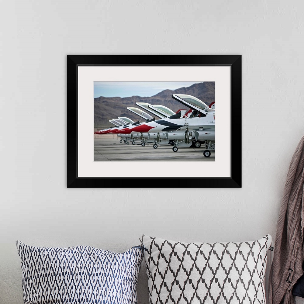 A bohemian room featuring F-16C Thunderbirds on the ramp at Nellis Air Force Base, Nevada.