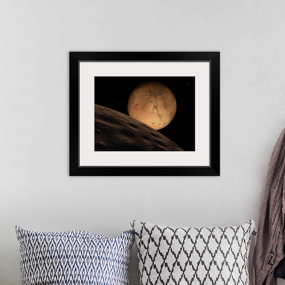 A bohemian room featuring Mars seen from its outer moon, Deimos.