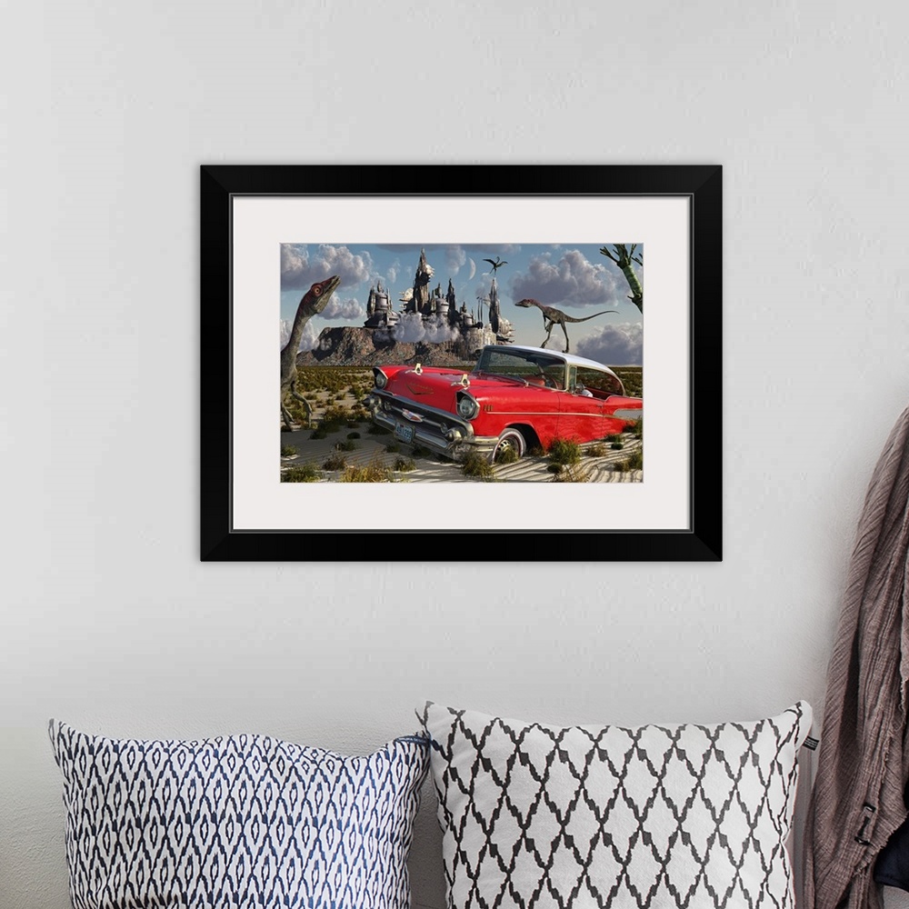 A bohemian room featuring Artist's concept illustrating a strange combination of Compsognathus dinosaurs, a red Cadillac an...