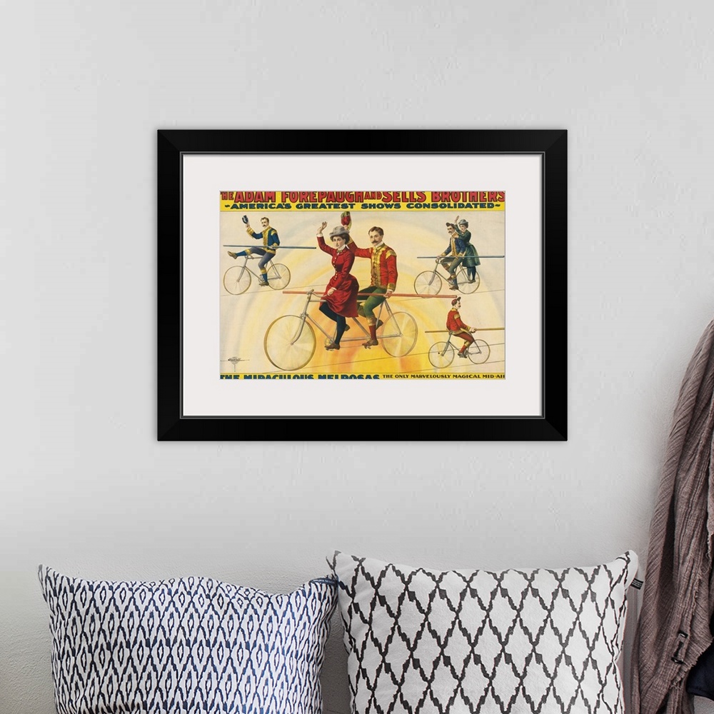 A bohemian room featuring Vintage Forepaugh & Sells Brothers Circus Poster Of Bicycle Riders On Tightrope, 1900