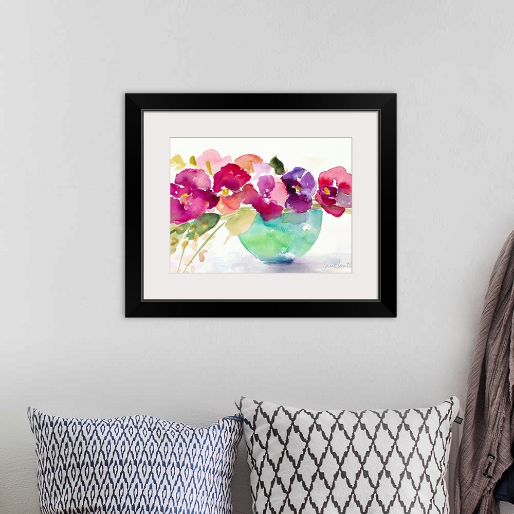 A bohemian room featuring Watercolor painting of flowers in a blue bowl.