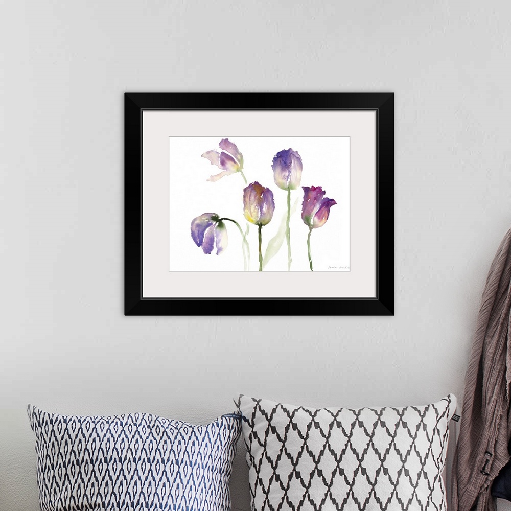 A bohemian room featuring Watercolor painting of several yellow and purple tulip flowers.