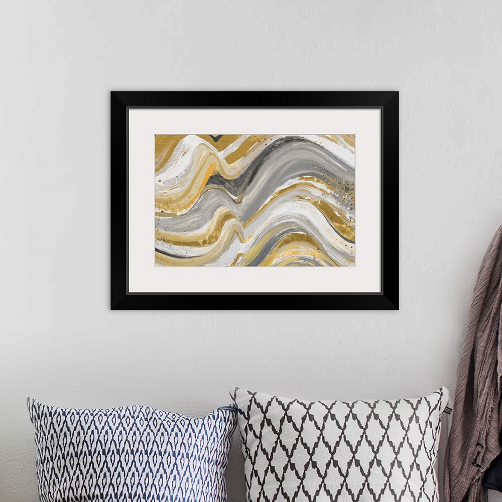 A bohemian room featuring Contemporary abstract painting with wavy lines piled on top of each other in earthy shades of yel...