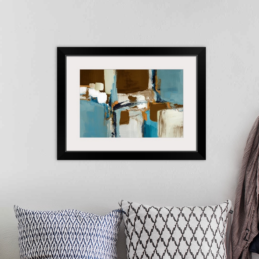 A bohemian room featuring Cool toned contemporary abstract painting of collage made of overlapping squares varying in size....