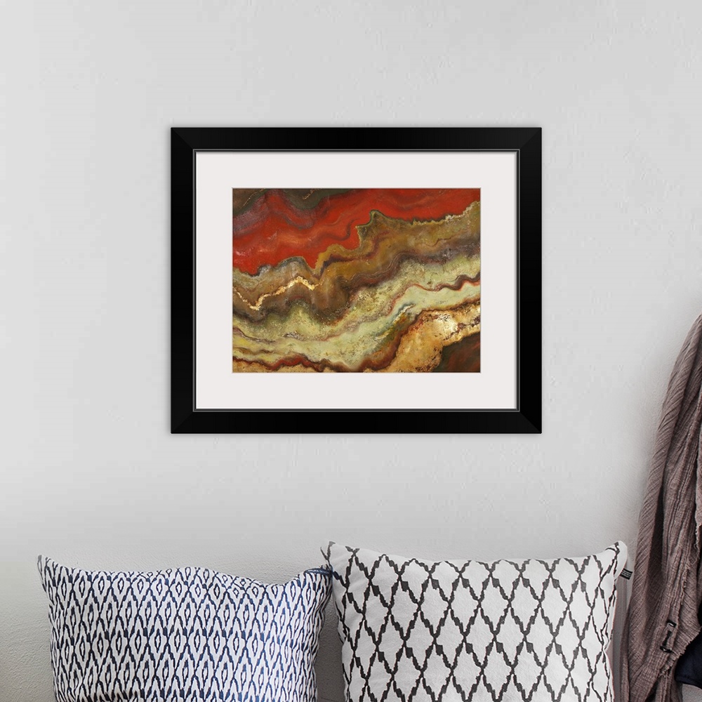 A bohemian room featuring Mixed media contemporary artwork of abstract waves of rusty, rocky colors, resembling sedimentary...