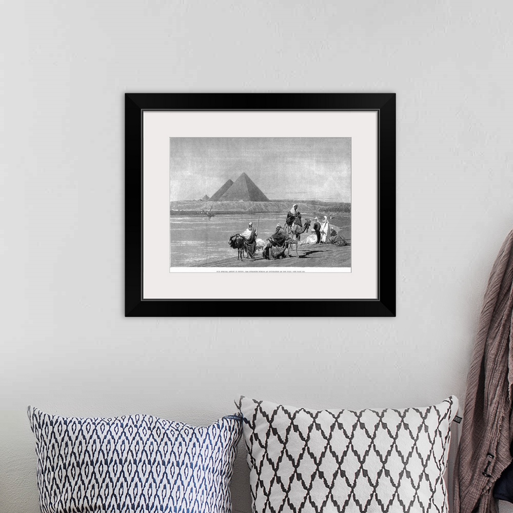 A bohemian room featuring Pyramids At Giza, 1882. the Pyramids At Giza, Egypt, During An Inundation Of the Nile River. Wood...
