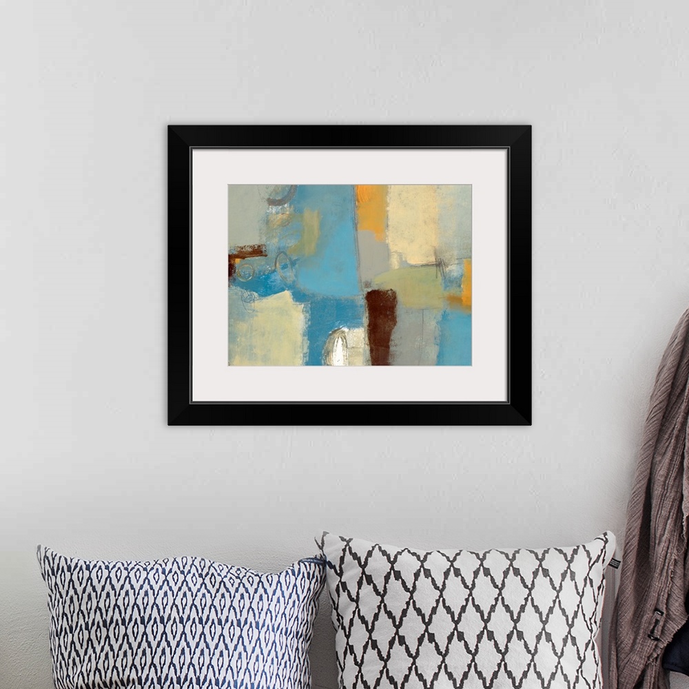 A bohemian room featuring This contemporary painting is a horizontal abstract wall art showing large irregular grids of color.