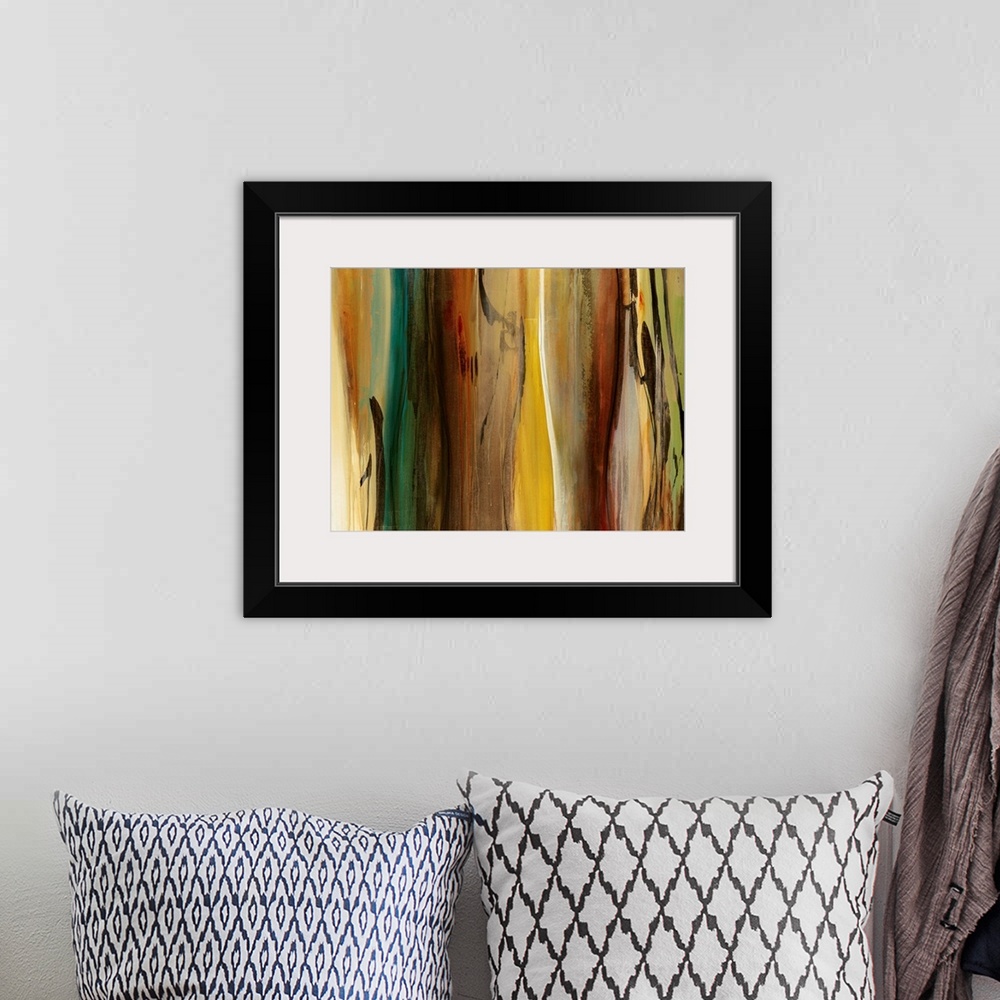 A bohemian room featuring Warm-toned abstract painting featuring flowing areas of color and smooth brushstrokes moving down...