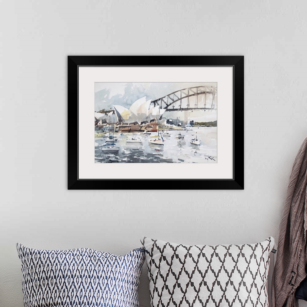 A bohemian room featuring Gestural brush strokes of muted watercolors create a story of floating boats near the Sydney Oper...