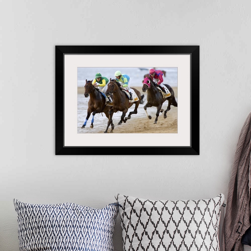 A bohemian room featuring Thoroughbred horses compete at sea shore with green horizon of ?Doana National Park? and the whol...