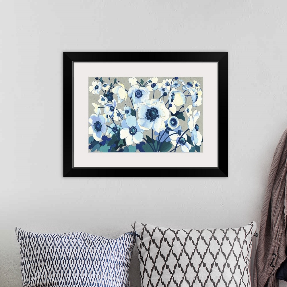 A bohemian room featuring Contemporary painting of garden flowers in blue tones against a neutral background.