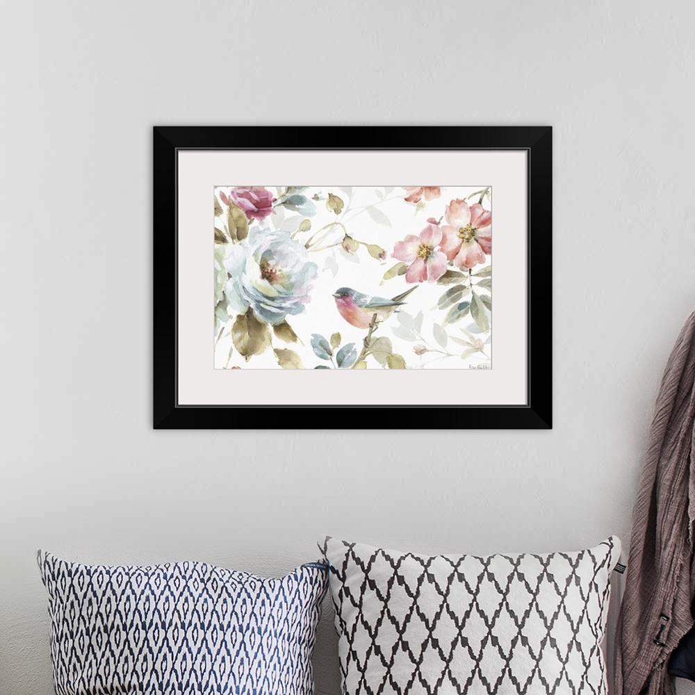 A bohemian room featuring Watercolor painting of a bird surrounded by pink and blue flowers.