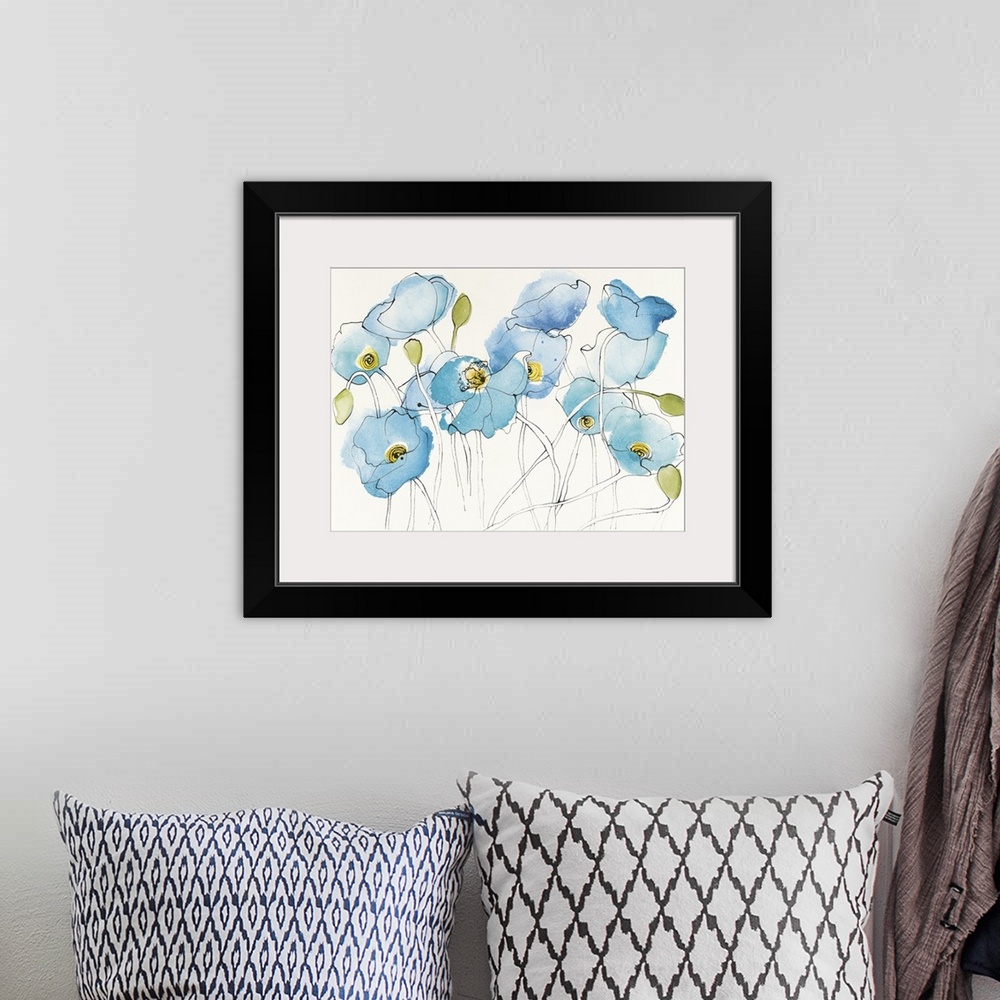 A bohemian room featuring Contemporary watercolor painting of blue poppies against an off white background.