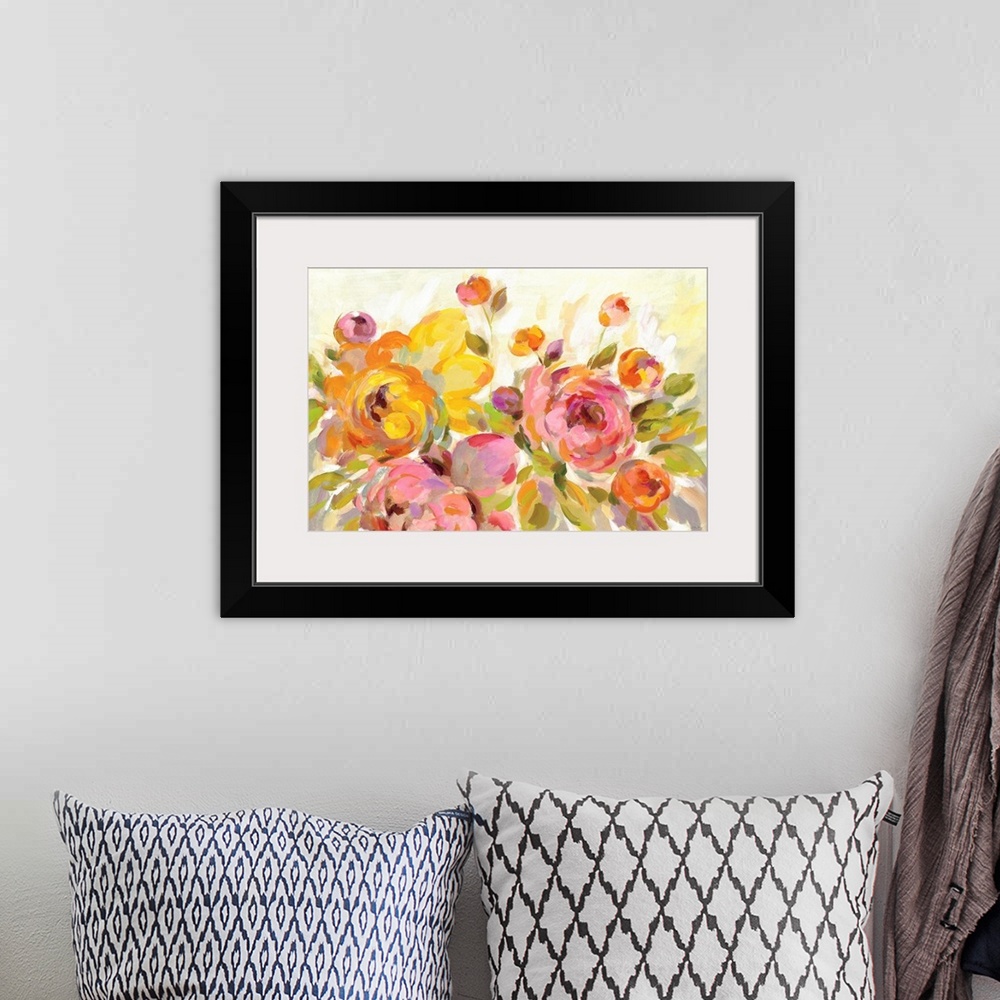 A bohemian room featuring Contemporary painting of pink and yellow peonies.