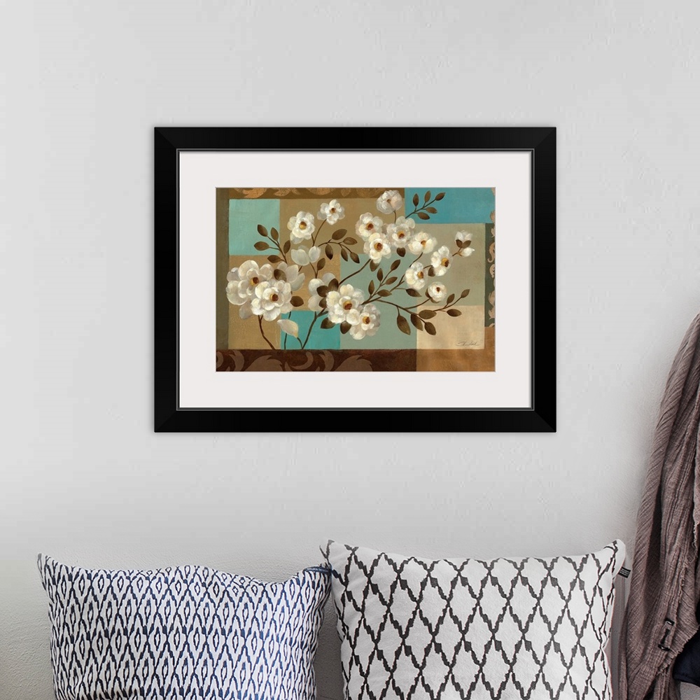 A bohemian room featuring Horizontal, large artwork for a living room or office.  A cluster of white flowers with leaves on...
