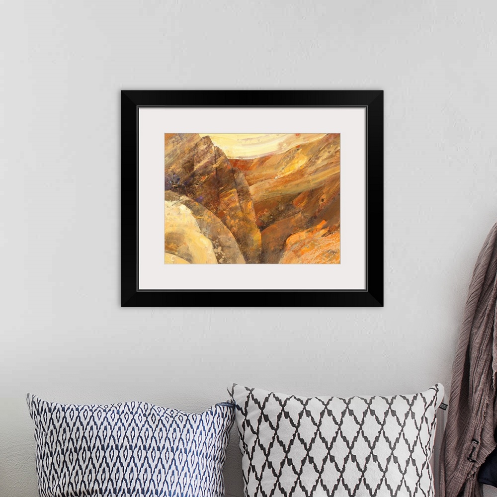 A bohemian room featuring Large abstract painting with brown, orange, cream, and yellow hues resembling a canyon with small...