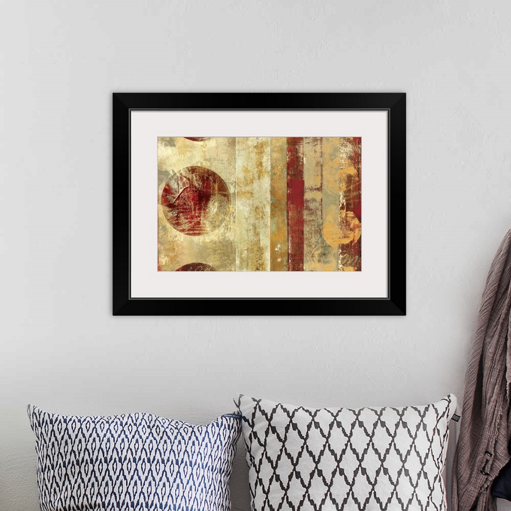 A bohemian room featuring Contemporary abstract image of vertical stripes and distressed circles.