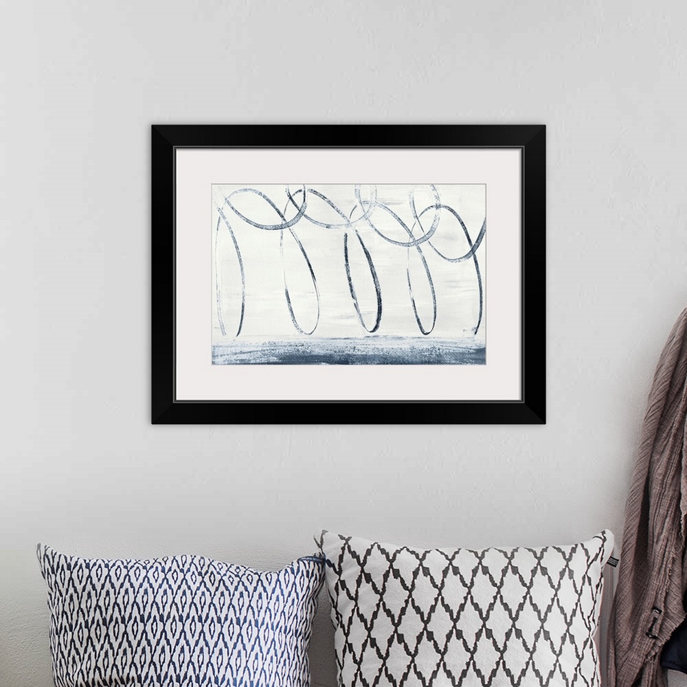A bohemian room featuring Abstract painting that has a continuous indigo line making long, skinny loops on white.