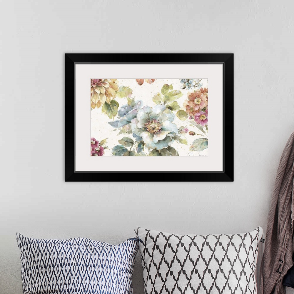 A bohemian room featuring Floral watercolor painting on a white background with gold paint splatter.