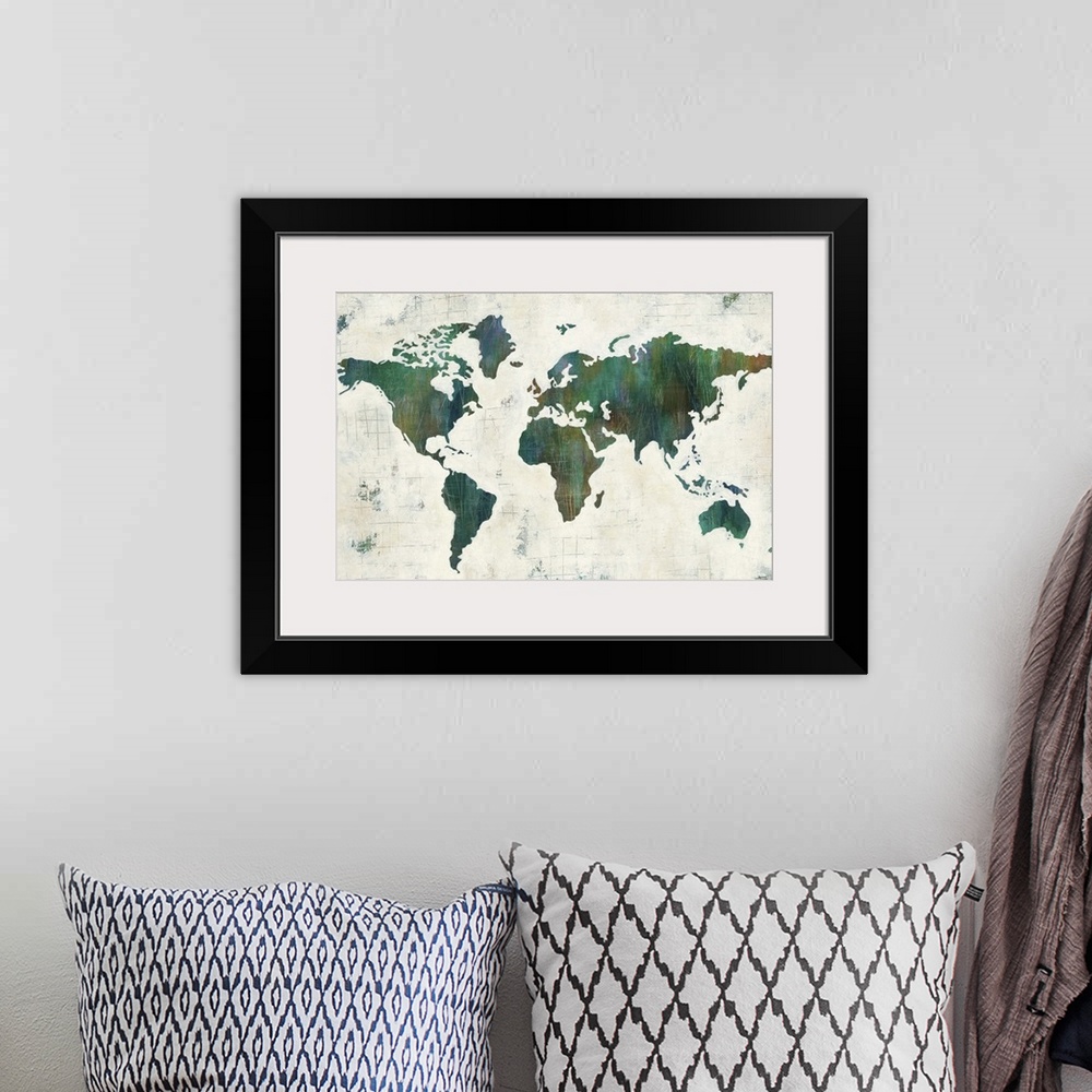 A bohemian room featuring Contemporary artwork of a world map in a dark green against a neutral toned background.