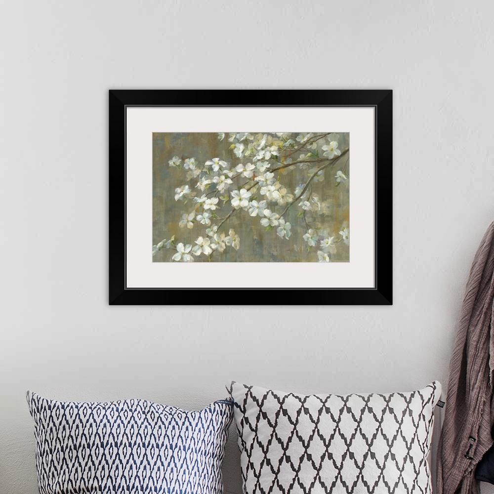 A bohemian room featuring Contemporary painting of a dogwood tree branch with white flowers.