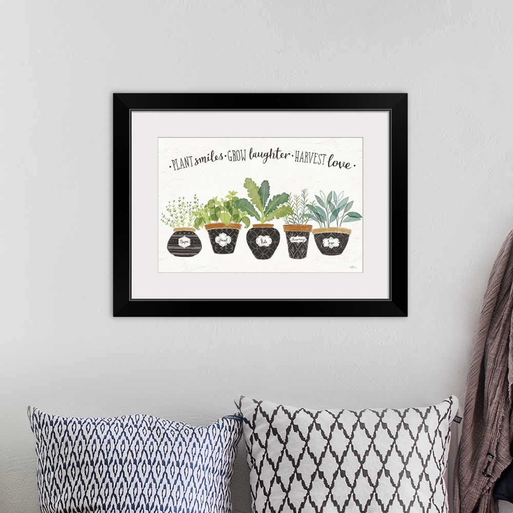 A bohemian room featuring "Plant Smiles, Grow Laughter, Harvest Love" written in black above illustrations of five potted h...