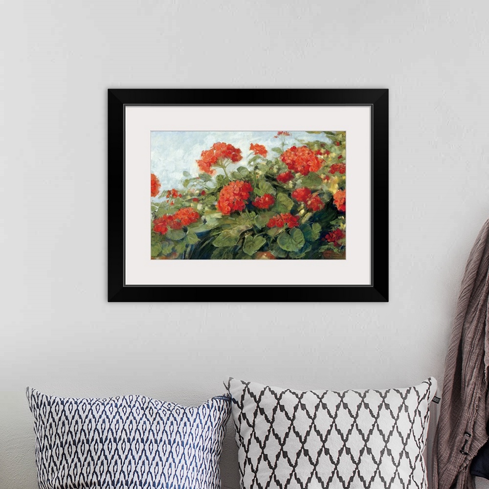A bohemian room featuring This realistic still life painting by a contemporary artist of garden plants growing in terra cot...