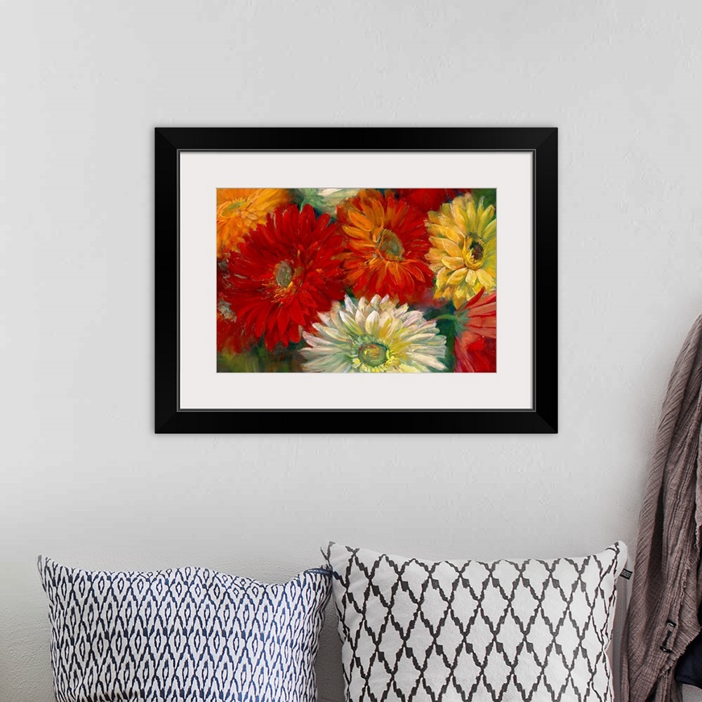 A bohemian room featuring Contemporary  painting of multicolored daisy bunch.