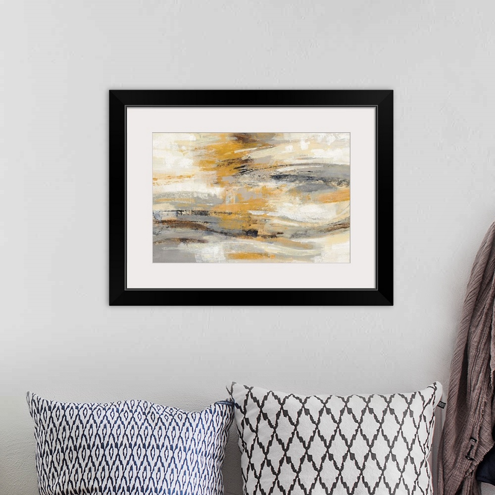 A bohemian room featuring Abstract painting in shades of yellow and grey.