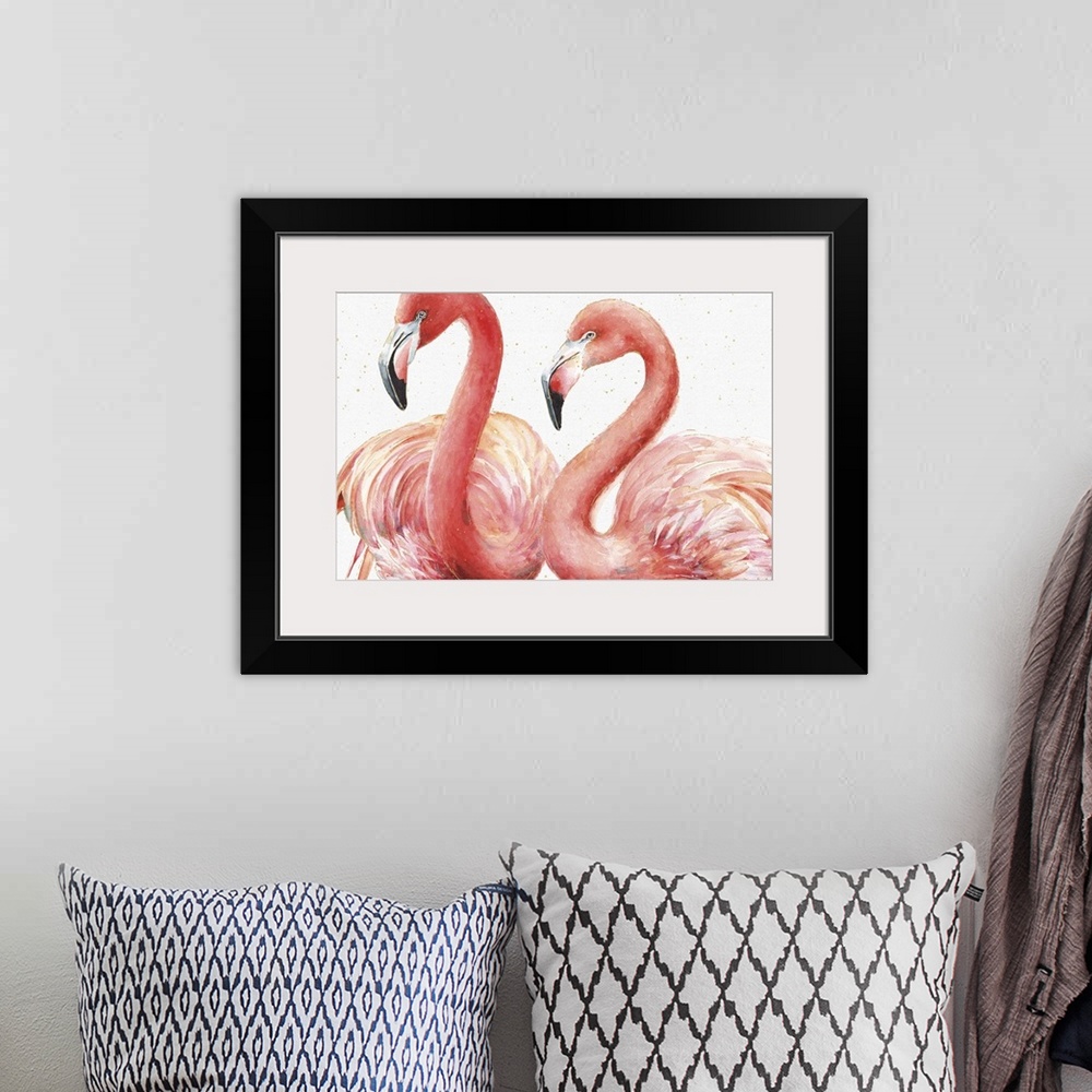 A bohemian room featuring Rectangular watercolor painting of two pink flamingos with metallic gold highlights and little dots.