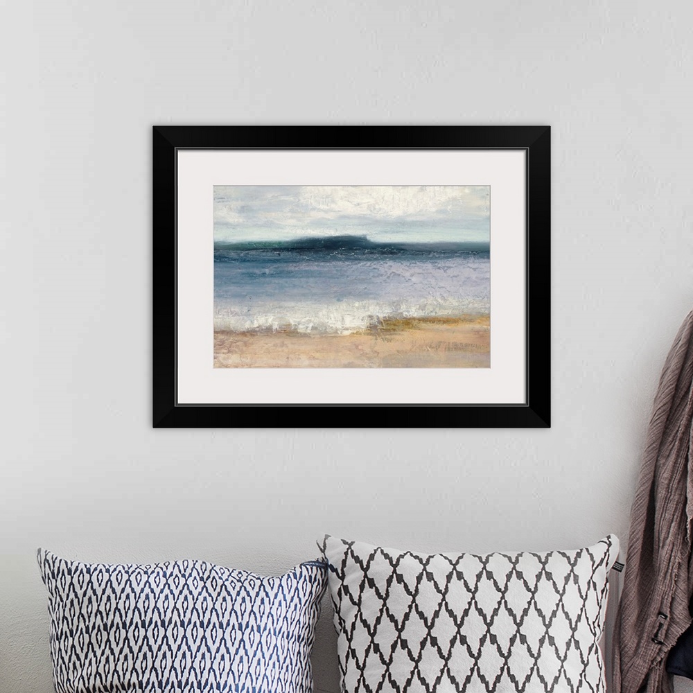 A bohemian room featuring Abstract painting of the ocean and shoreline separated into horizontal sections of color and text...