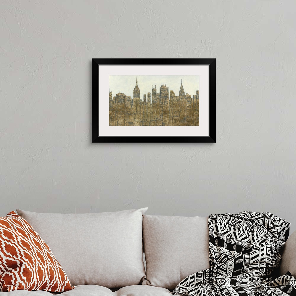 A bohemian room featuring Dusty gold-toned city skyline.