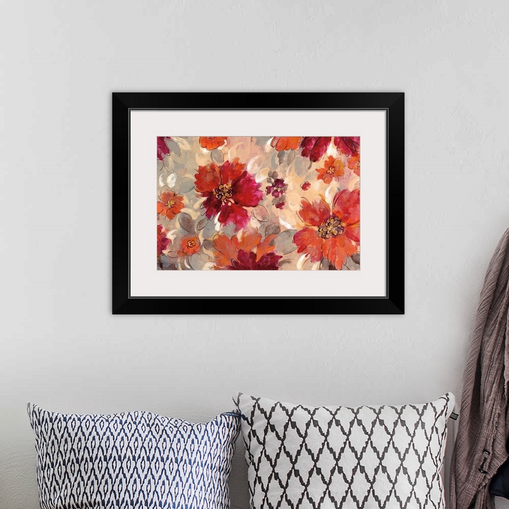 A bohemian room featuring Abstract painting of orange, red, and pink flowers with gray leaves on a neutral colored background.