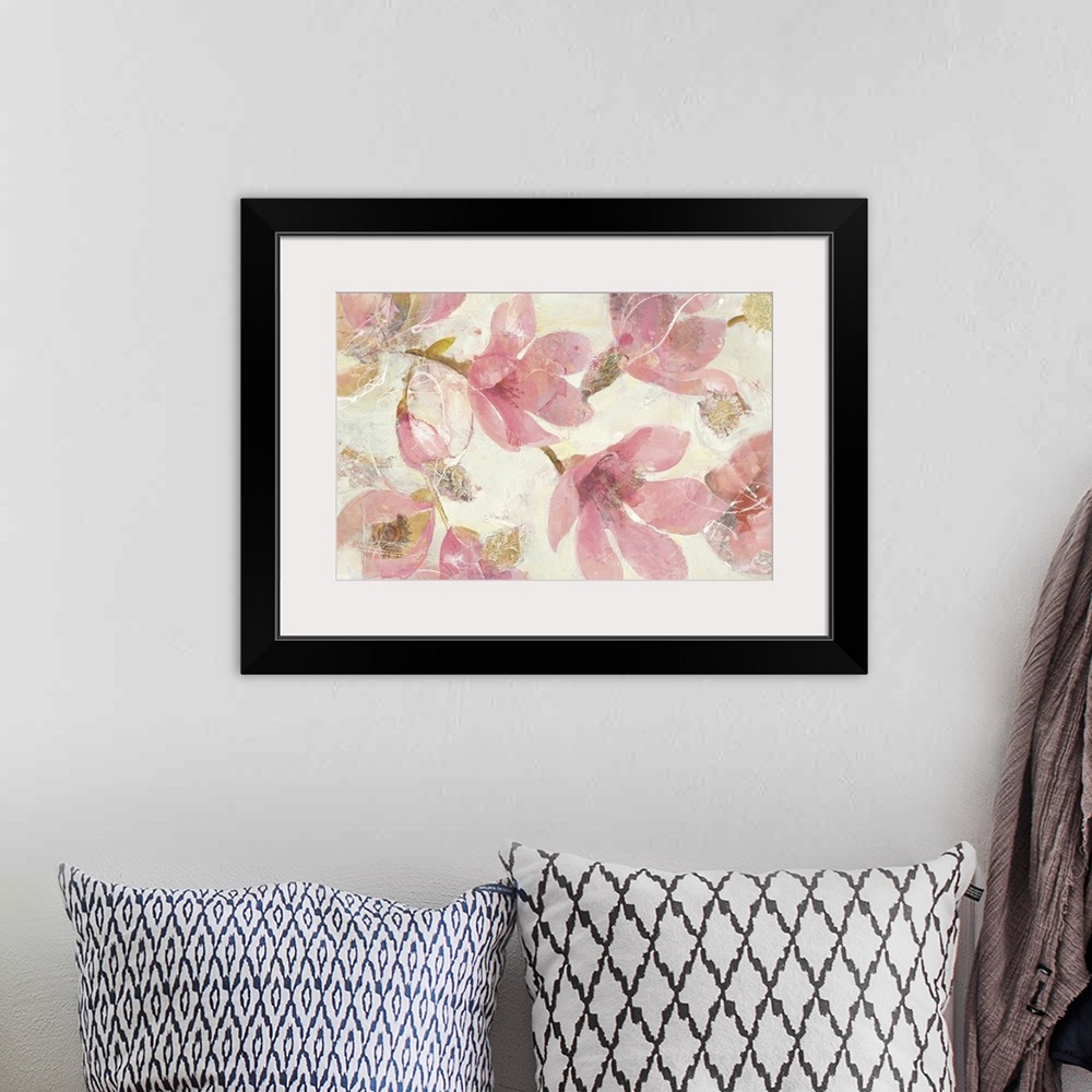 A bohemian room featuring Contemporary painting of pink flowers against a neutral background.