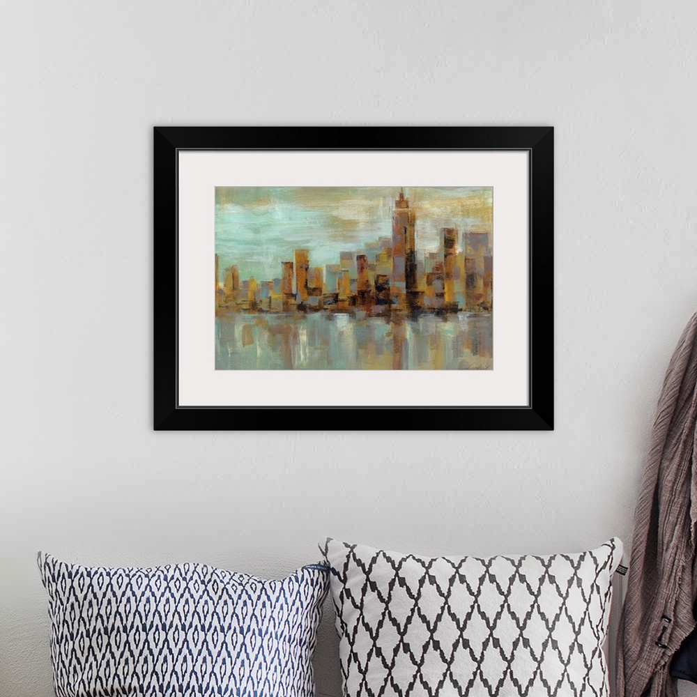 A bohemian room featuring Abstract painting of a misty cityscape with buildings made out of broad strokes.