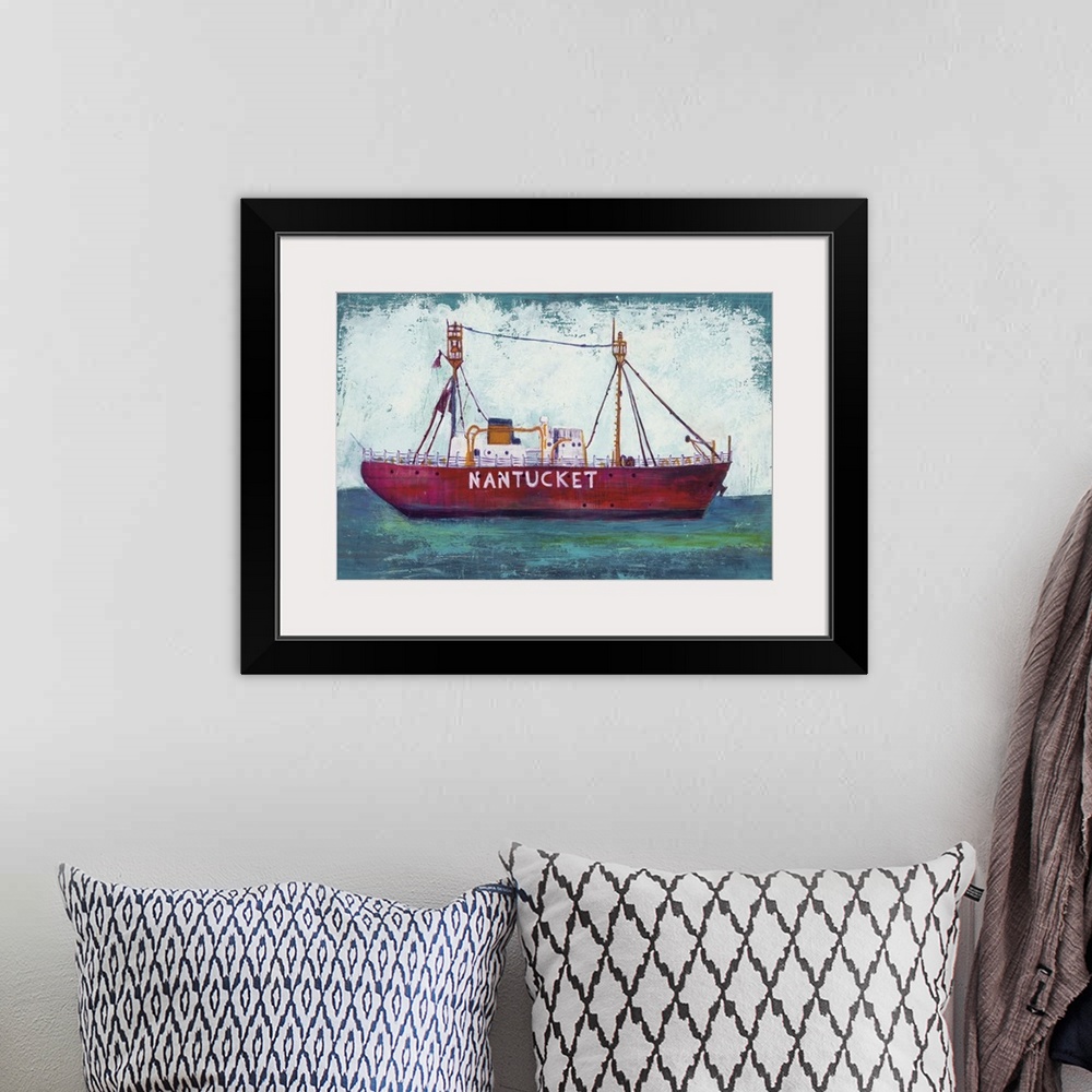A bohemian room featuring Contemporary painting of a Nantucket boat on blue green water with a big white splash background.