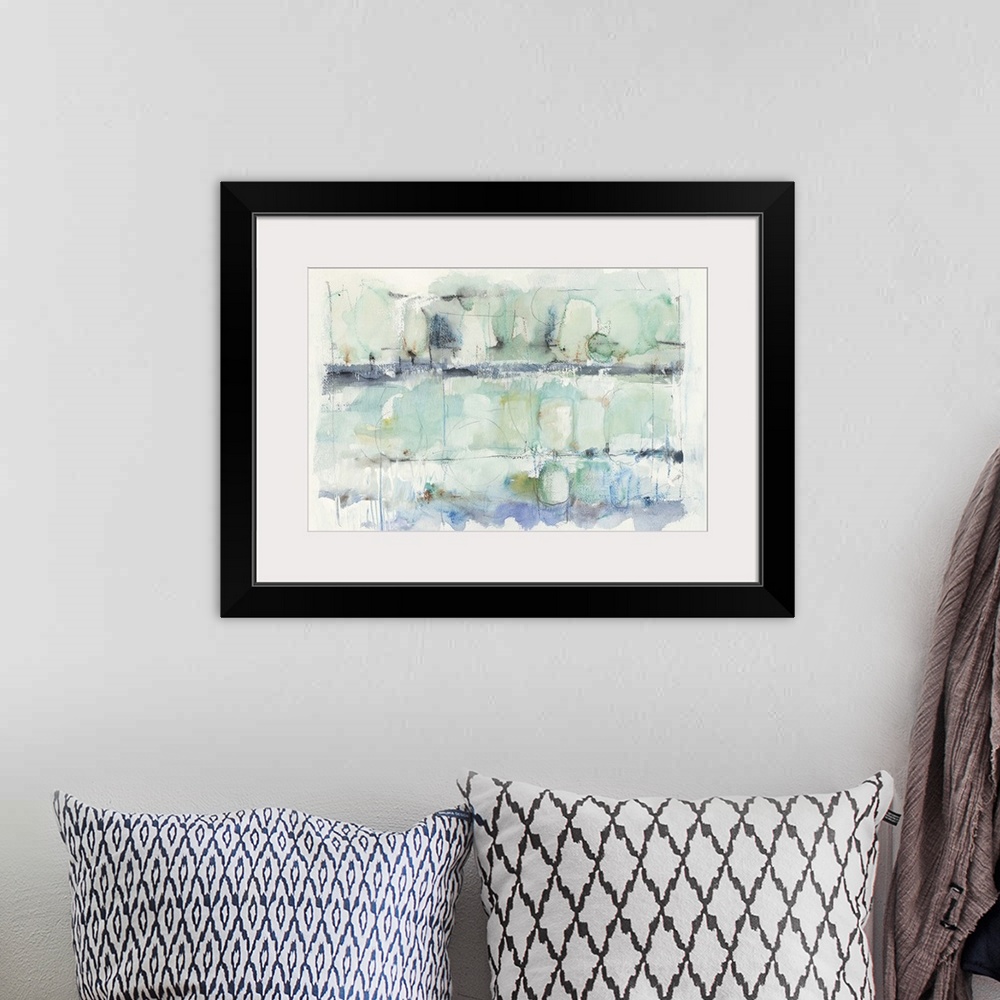 A bohemian room featuring Watercolor abstract painting in pastel blue shades.