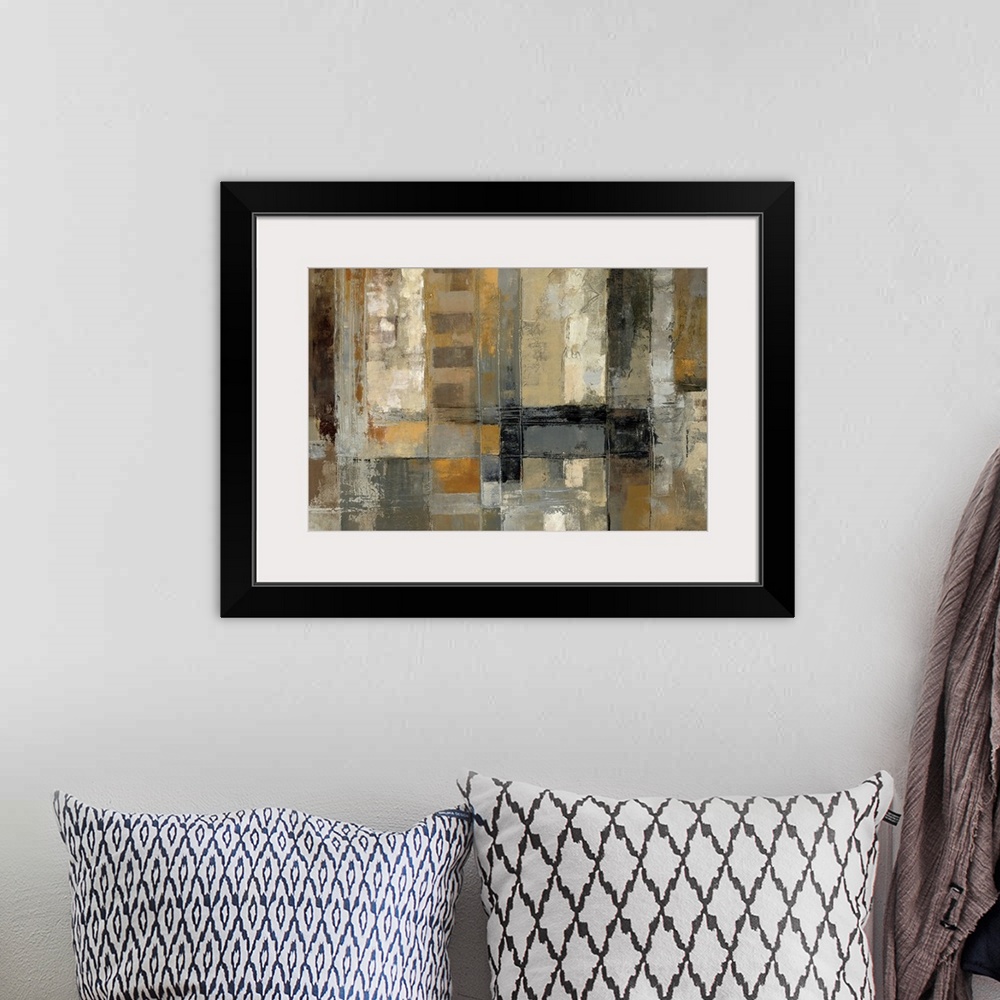 A bohemian room featuring Abstract art painting of neutral rectangular blocks going all directions.